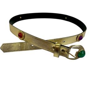Vintage Belt Faux Gold Leather With Colorful Faux Gemstones Studded 80s Size 36'